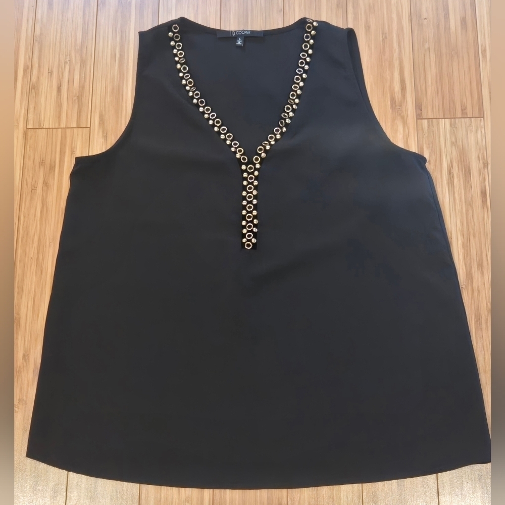 19 Cooper Black Sleeveless Top with Gold Metal Accents